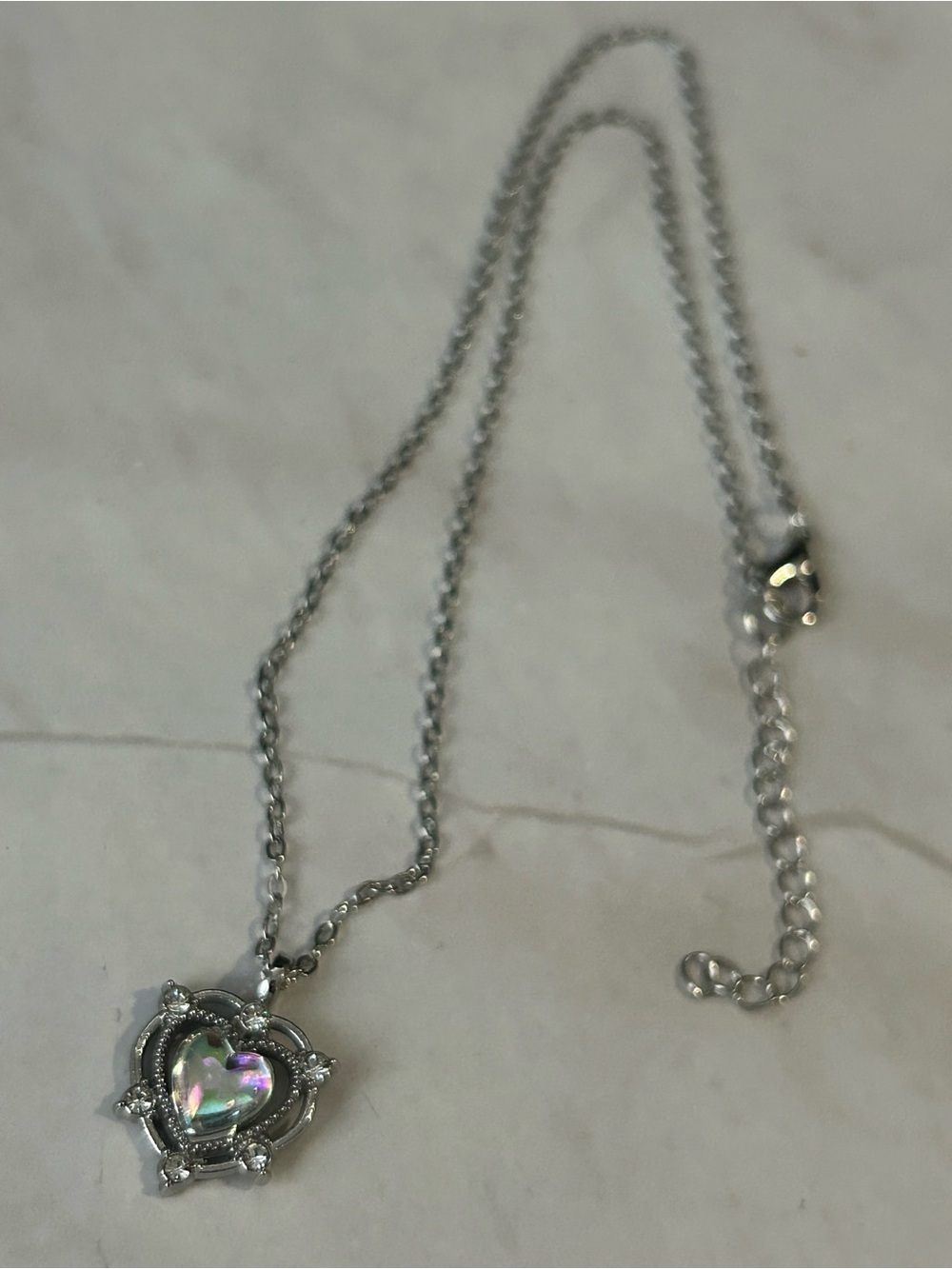Silver Tone Heart Pendant Necklace with Iridescent Crystal